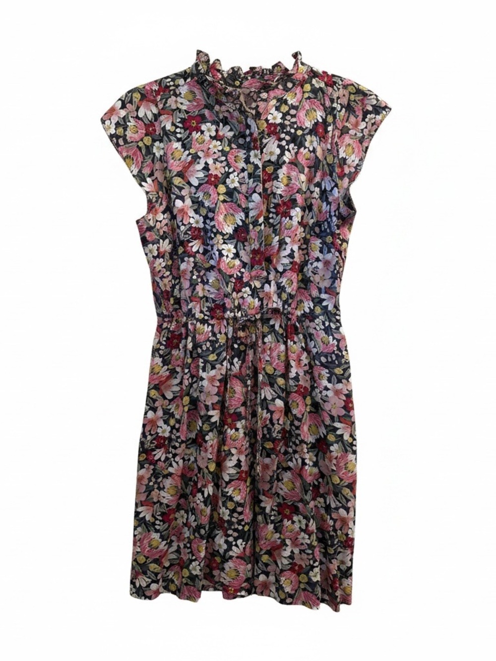 Loft Floral Ruffle Neck Cap-Sleeve Dress - EUC